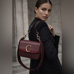 Chloe C Bag Small Shoulder Crossbody | Burgundy Leather & Suede